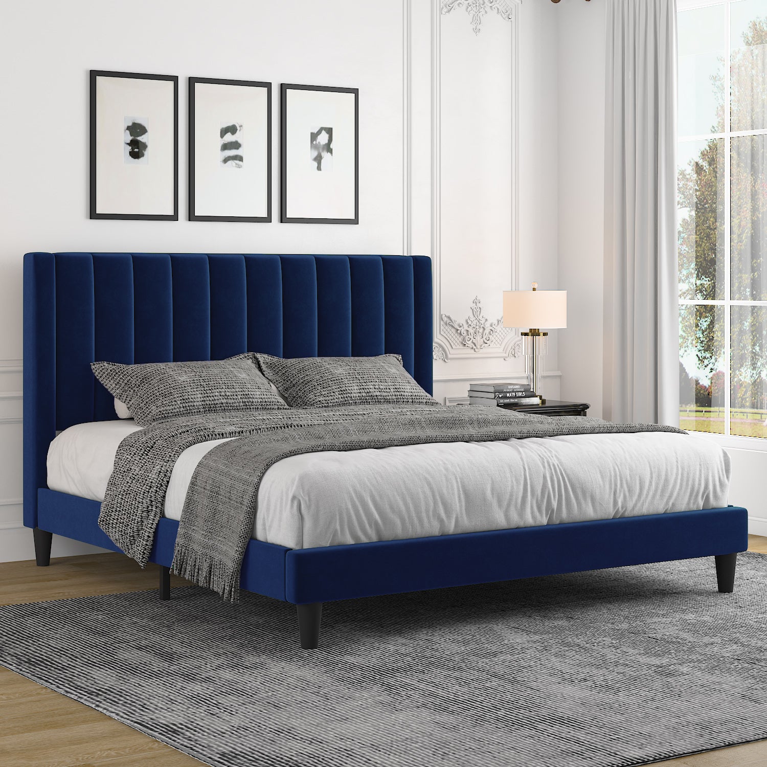 Allewie Velvet Upholstered Bed Frame with Vertical Channel Tufted  Headboard, Navy Blue