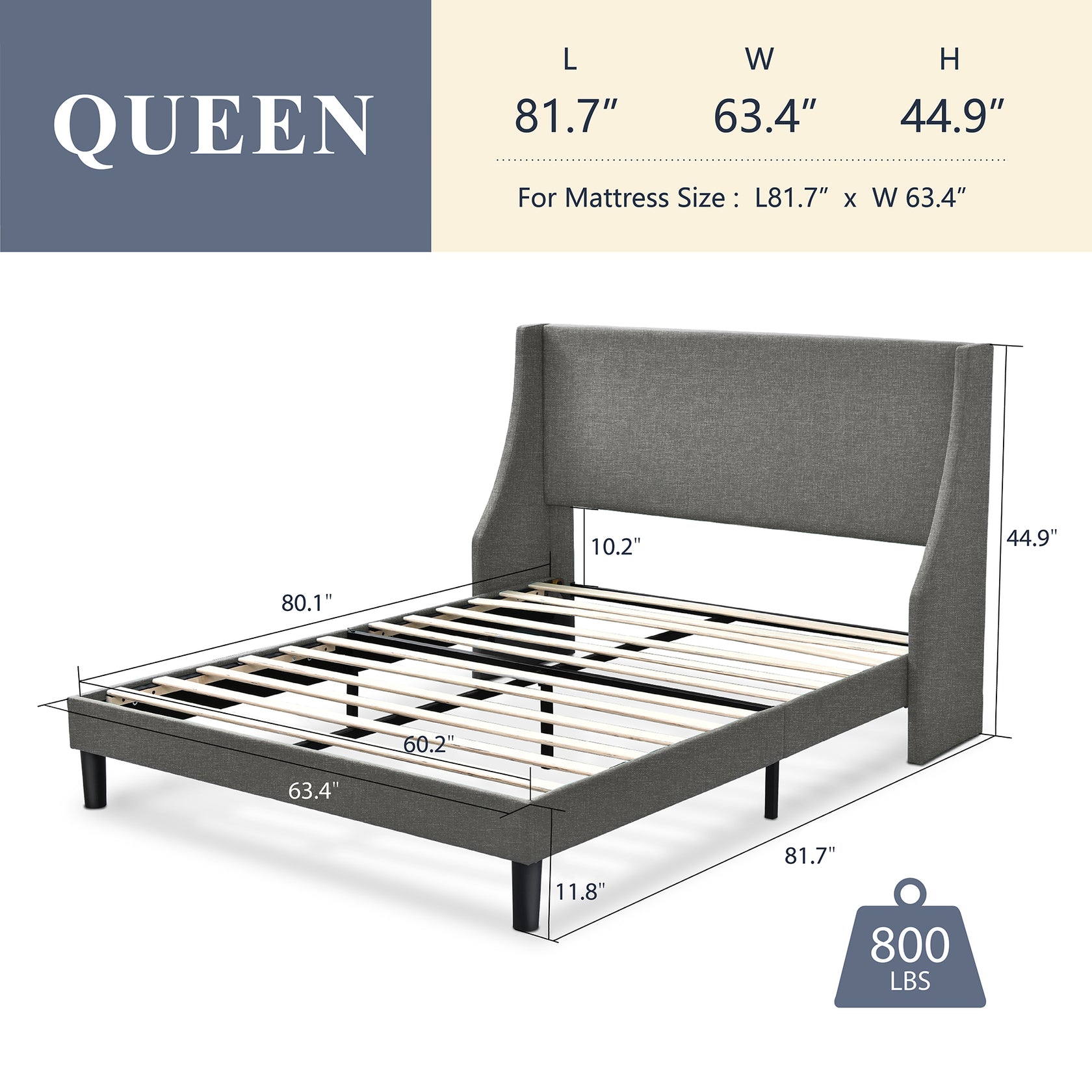 Allewie Queen Size Fabric Upholstered Platform Bed Frame With Wingback 9690