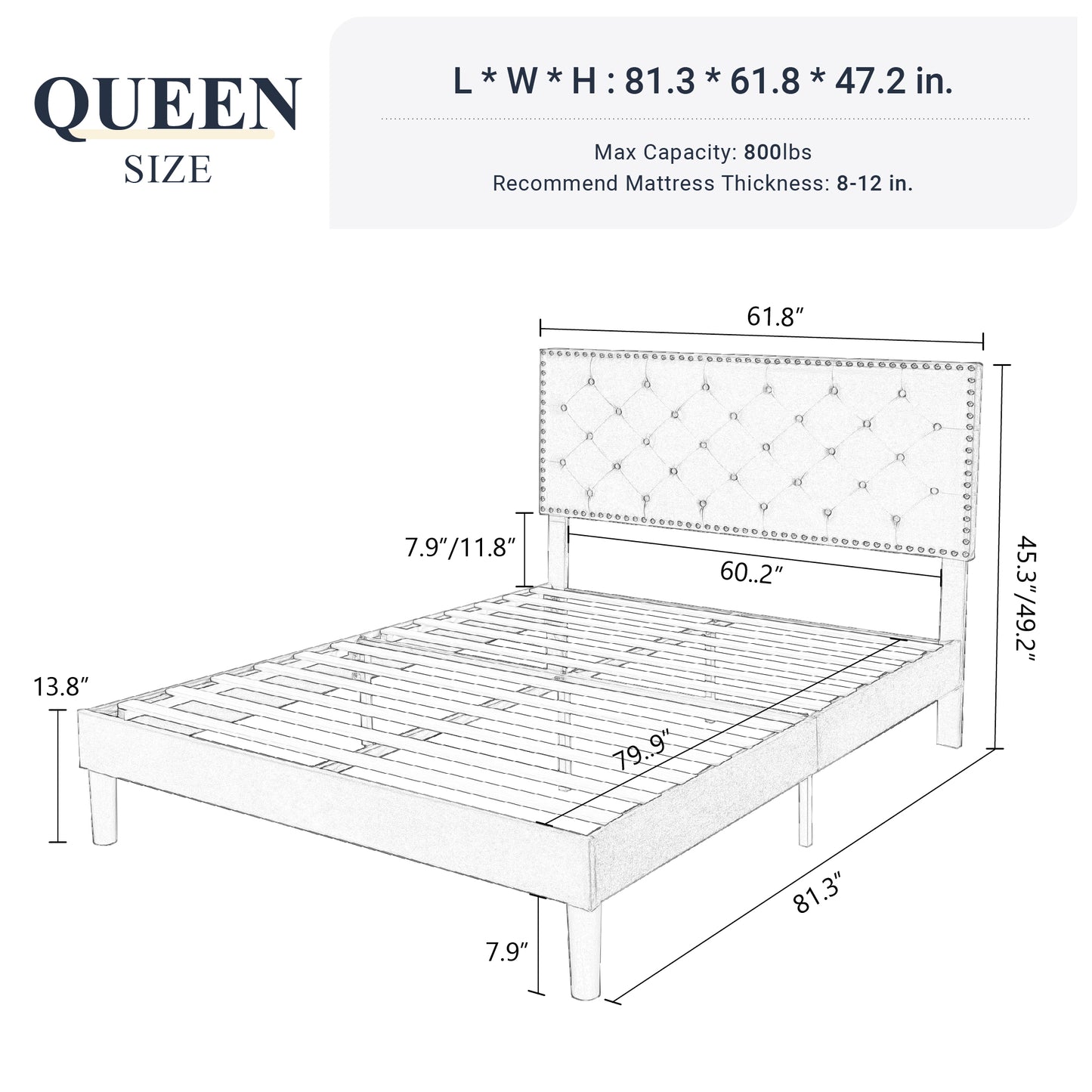 Allewie Bed Frame, Velvet Upholstered Platform Bed with Adjustable Diamond Button Tufted & Nailhead Trim Headboard