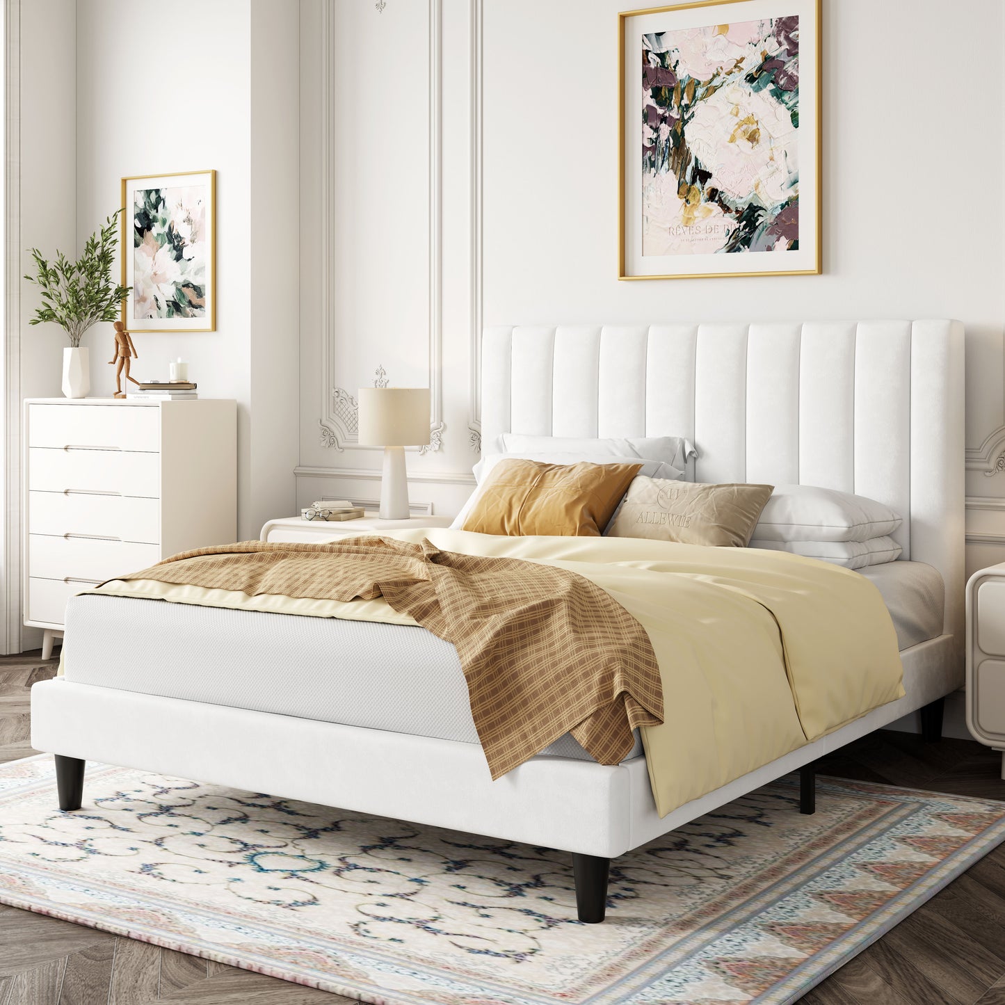 Allewie Velvet Upholstered Bed Frame with Vertical Channel Tufted Headboard