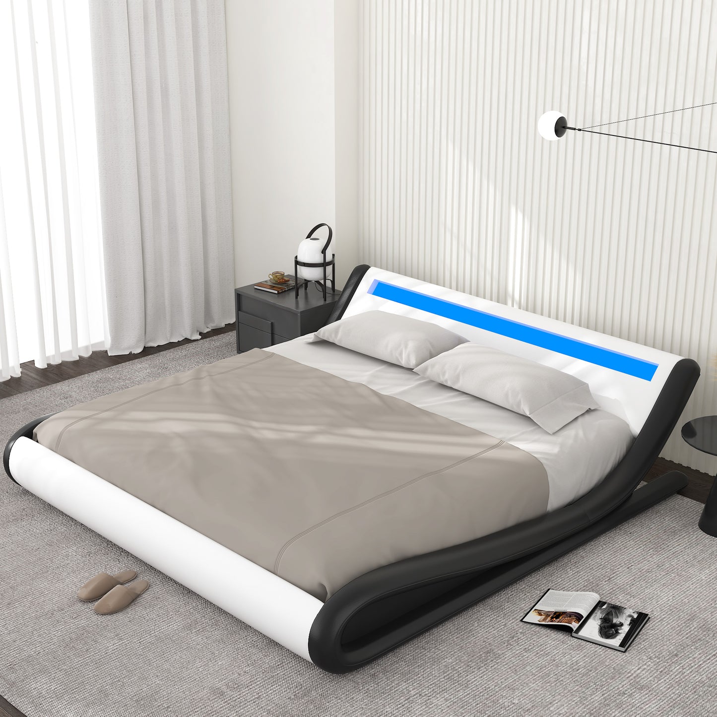 Allewie Full Size Wave-Like Curve Deluxe Upholstered Modern Bed Frame with LED Headboard