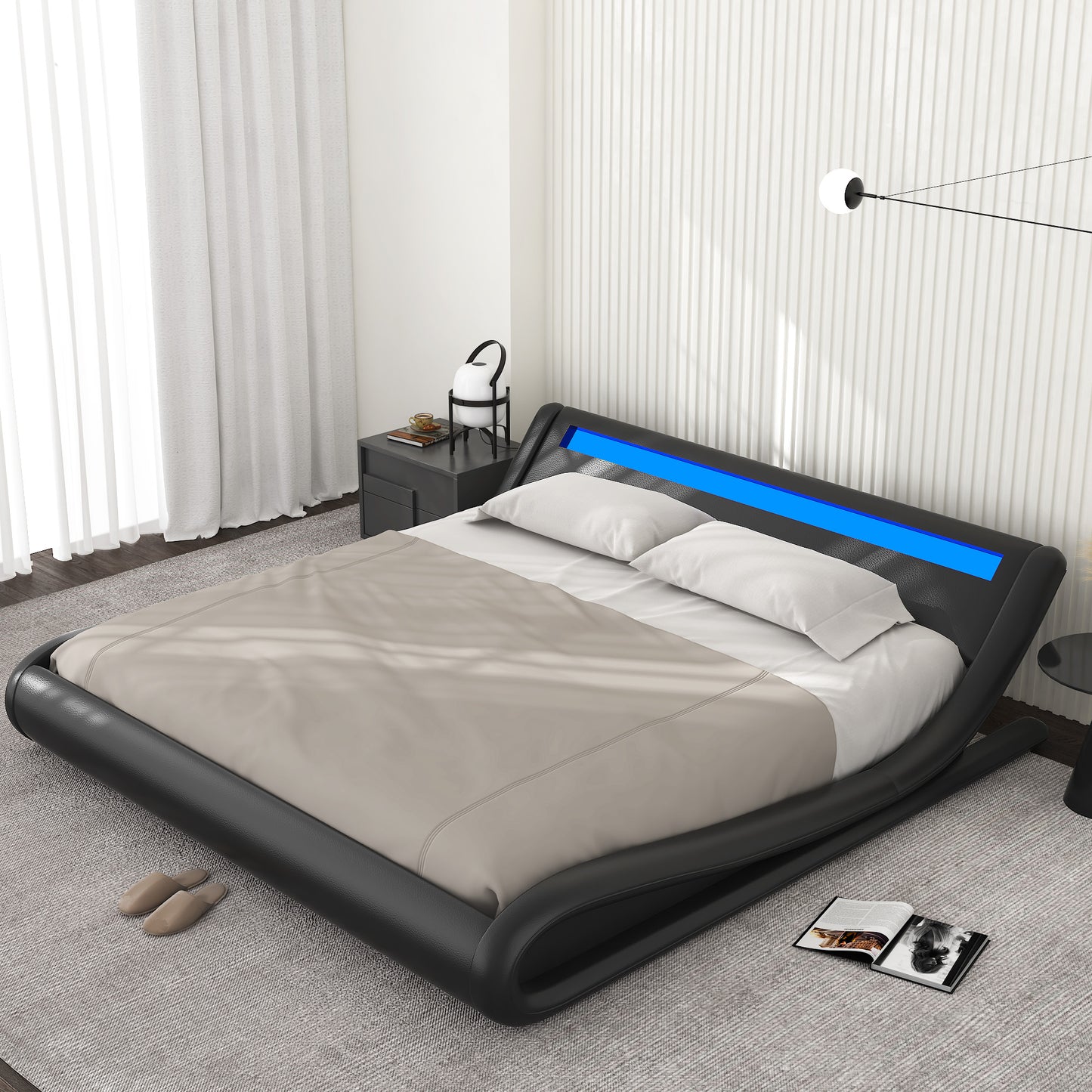 Allewie Full Size Wave-Like Curve Deluxe Upholstered Modern Bed Frame with LED Headboard