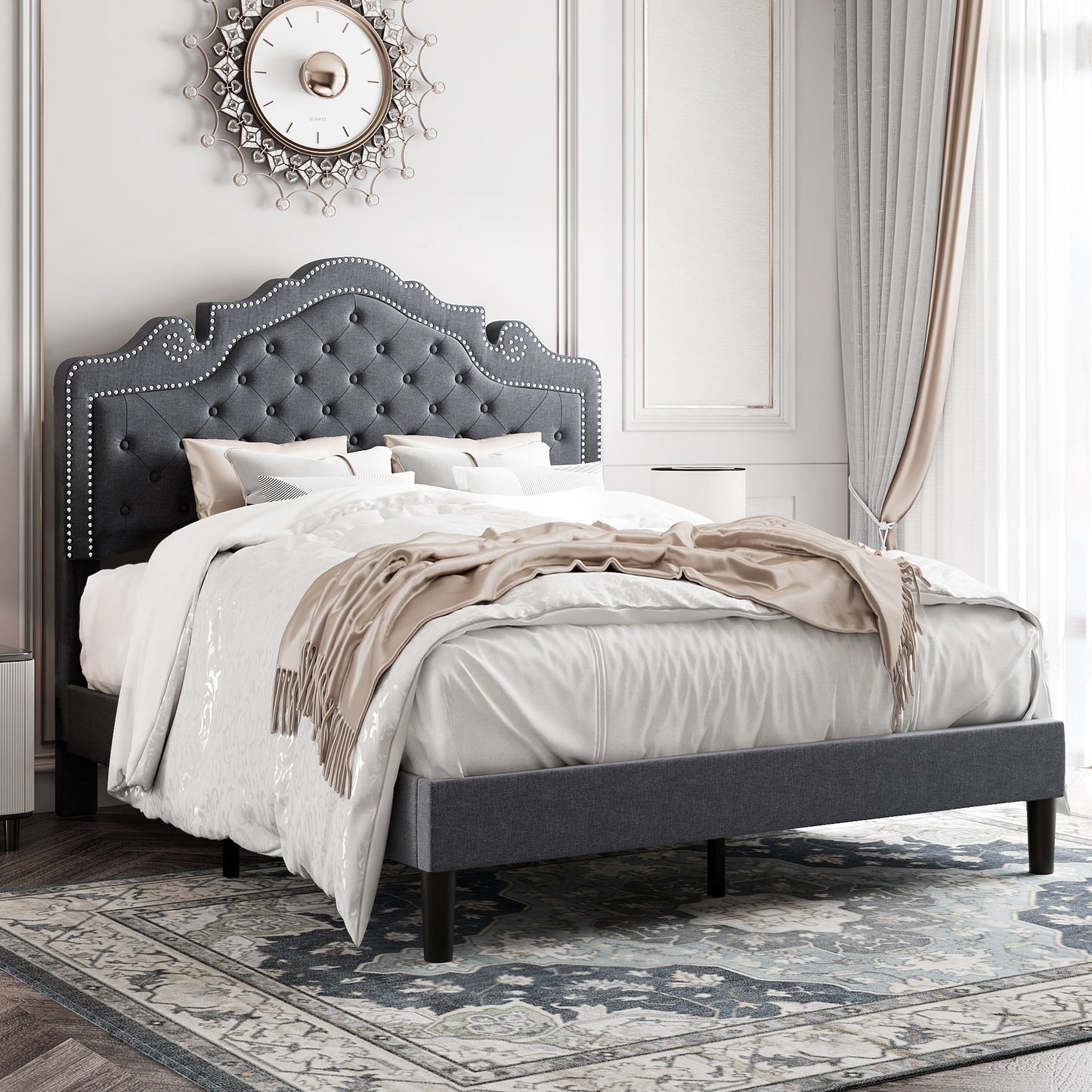 Allewie Platform Bed Frame with Tiara Upholstered Diamond Button Tufted Headboard