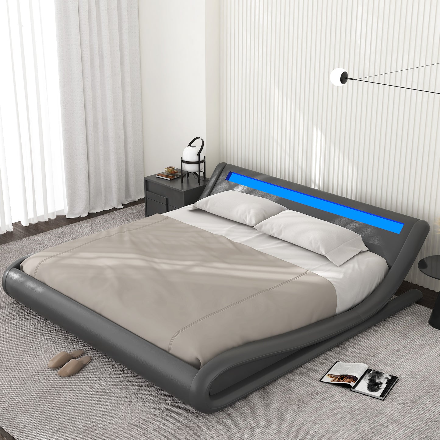 Allewie Full Size Wave-Like Curve Deluxe Upholstered Modern Bed Frame with LED Headboard