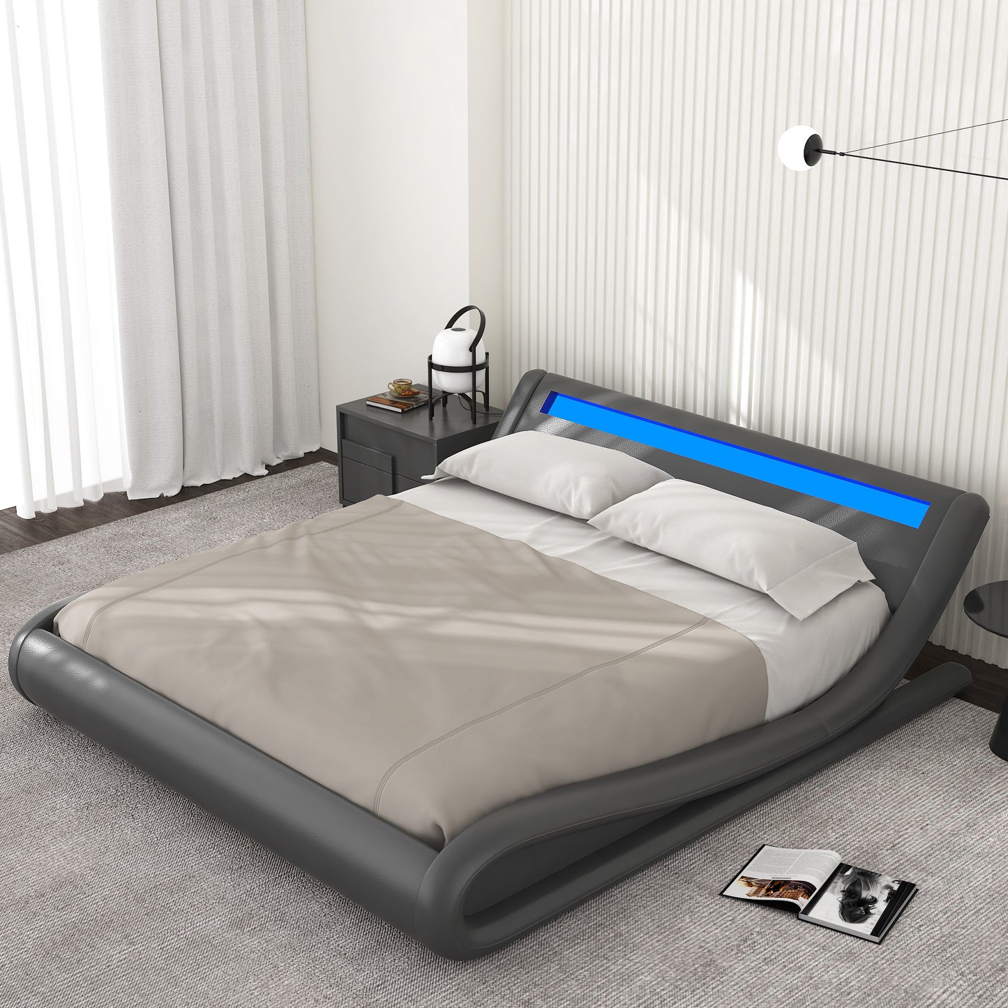 Allewie Full Size Wave-Like Curve Deluxe Upholstered Modern Bed Frame with LED Headboard