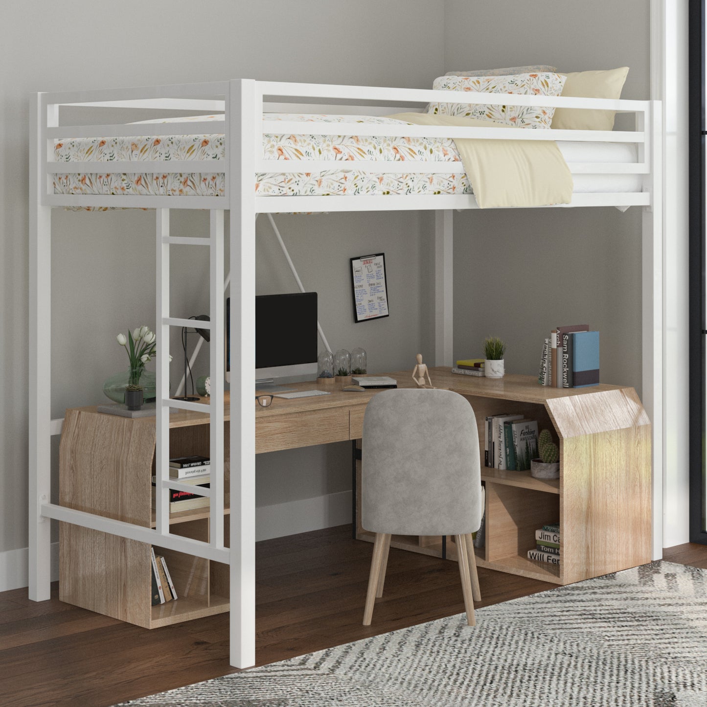 Allewie Heavy Duty Twin Size Loft Bed Frame with Full-Length Guardrail& Removable Stairs, Noise Free