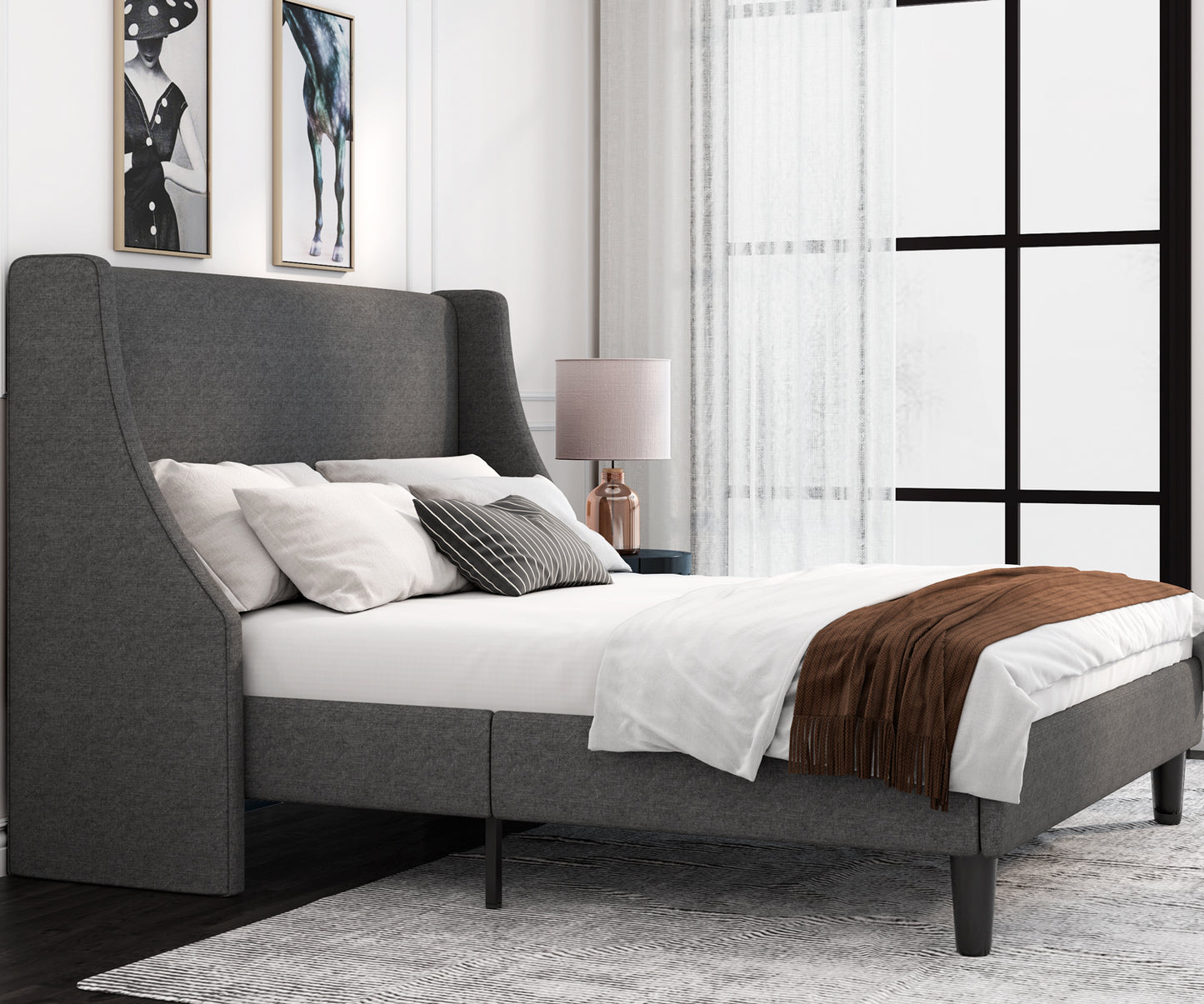 Allewie Queen Size Fabric Upholstered Platform Bed Frame with Wingback Headboard, Light Grey