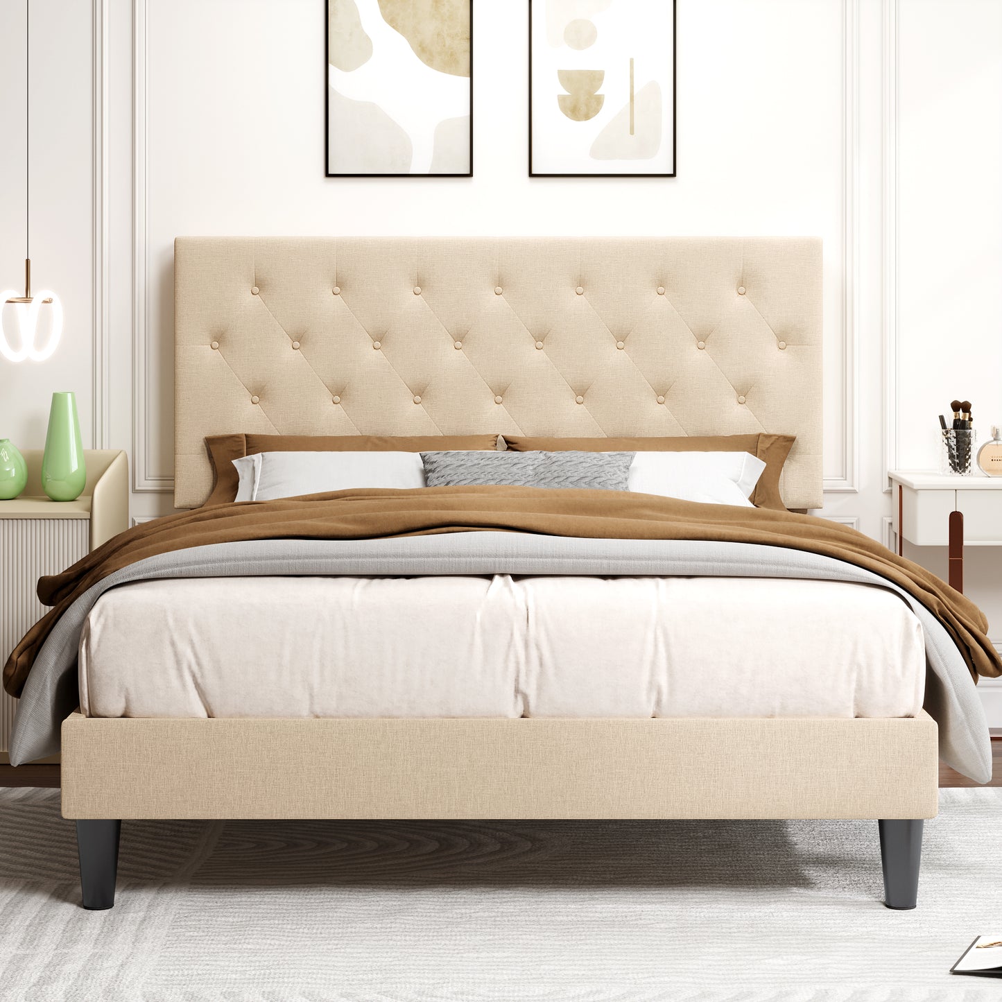 Allewie Faux Leather Upholstered Platform Bed Frame with Adjustable Diamond Stitched Button Tufted Headboard, White