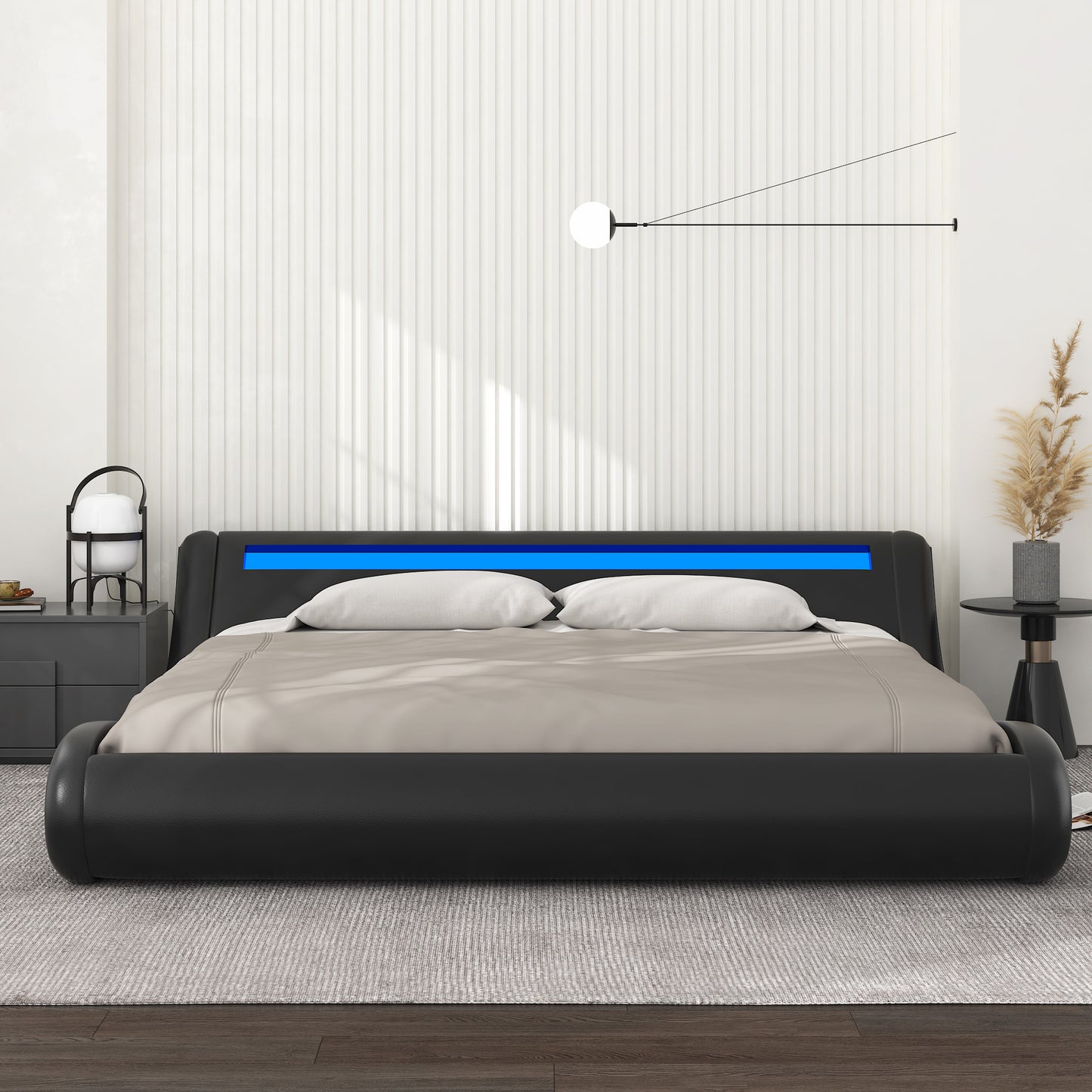 Allewie Full Size Wave-Like Curve Deluxe Upholstered Modern Bed Frame with LED Headboard