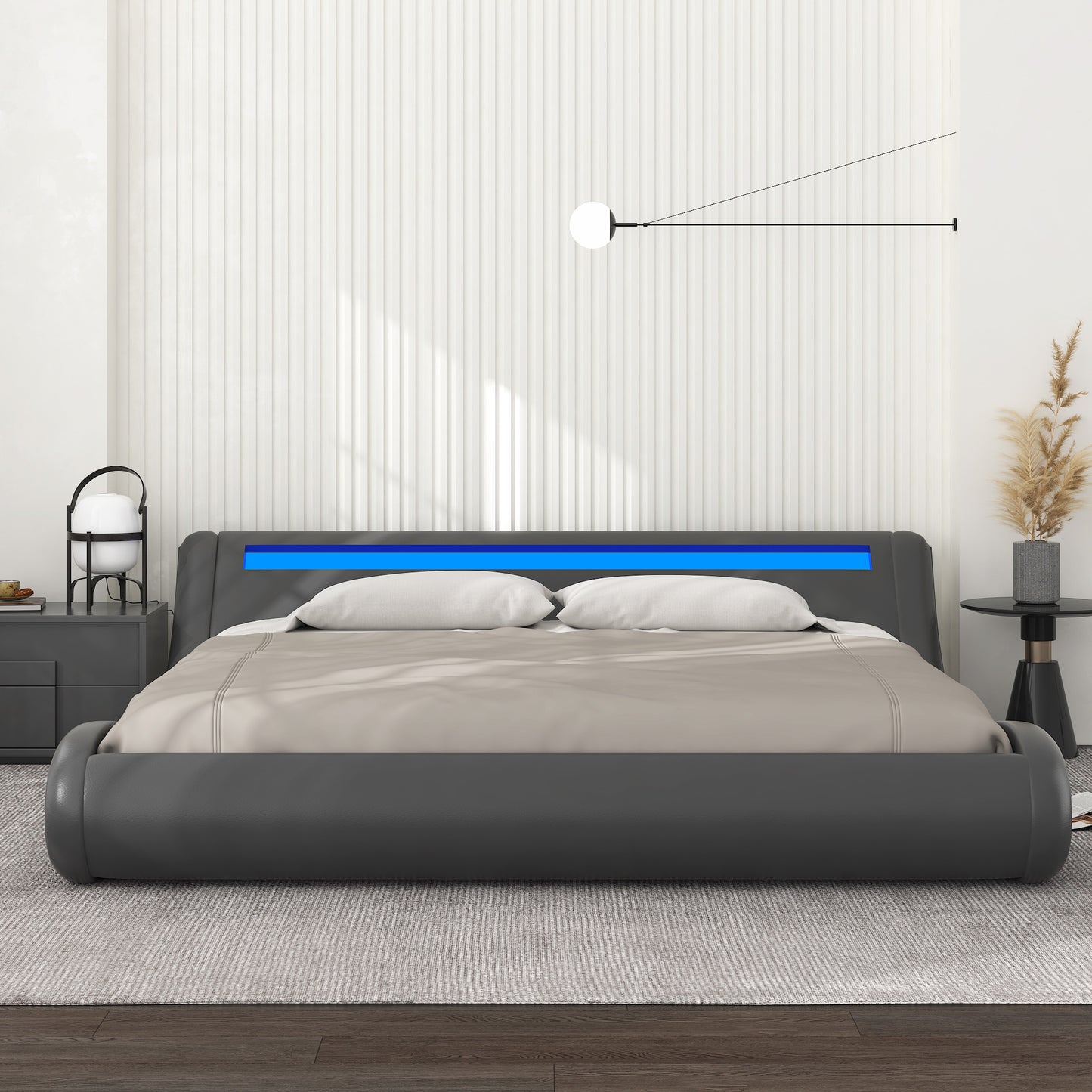 Allewie Full Size Wave-Like Curve Deluxe Upholstered Modern Bed Frame with LED Headboard