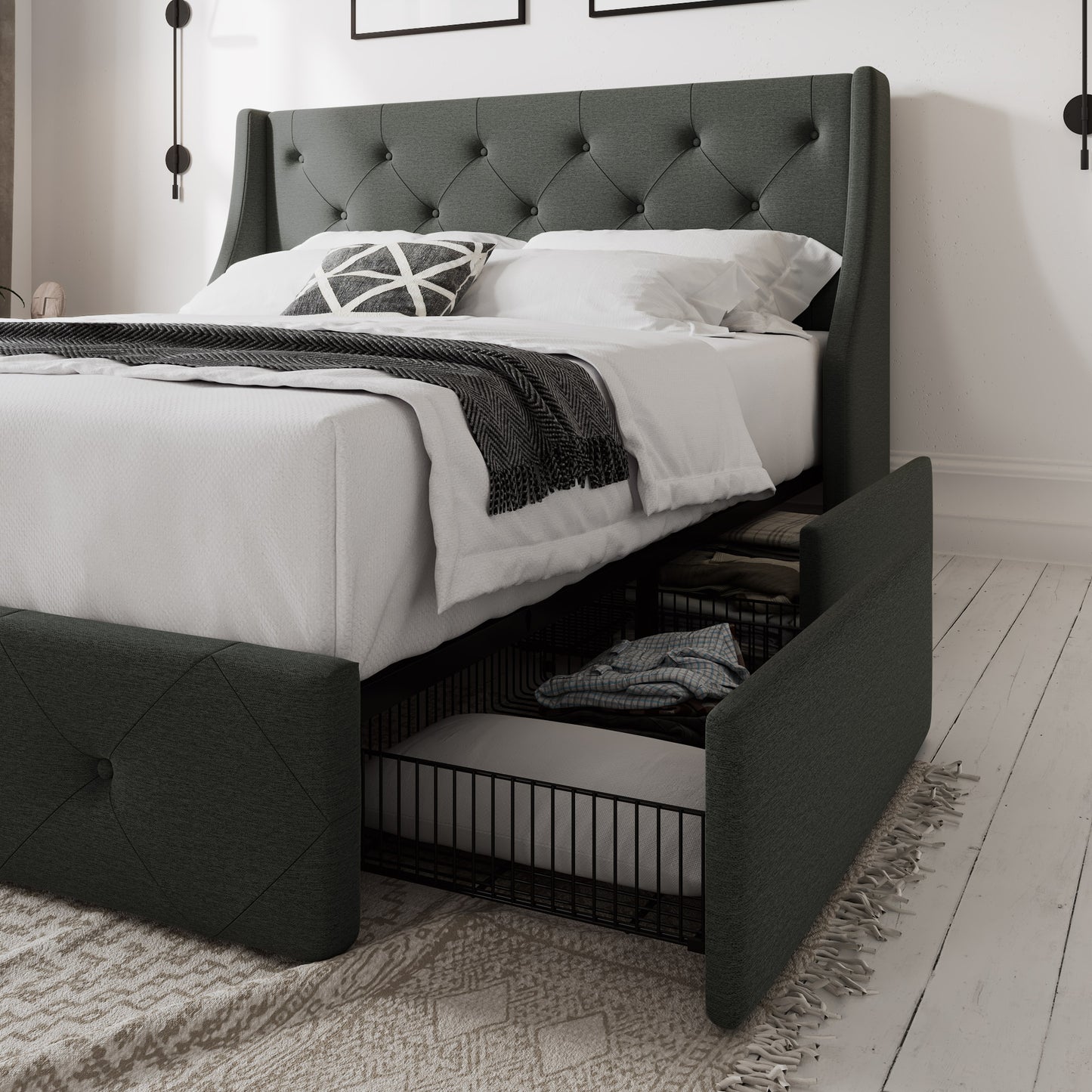 Allewie Bed Frame with 4 Storage Drawers and Button Tufted & Wingback Headboard