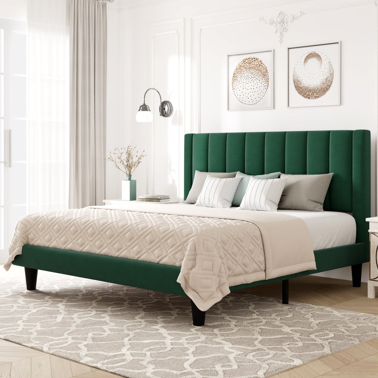 Allewie Full Size Velvet Upholstered Bed Frame with Vertical Channel Tufted Headboard, Green