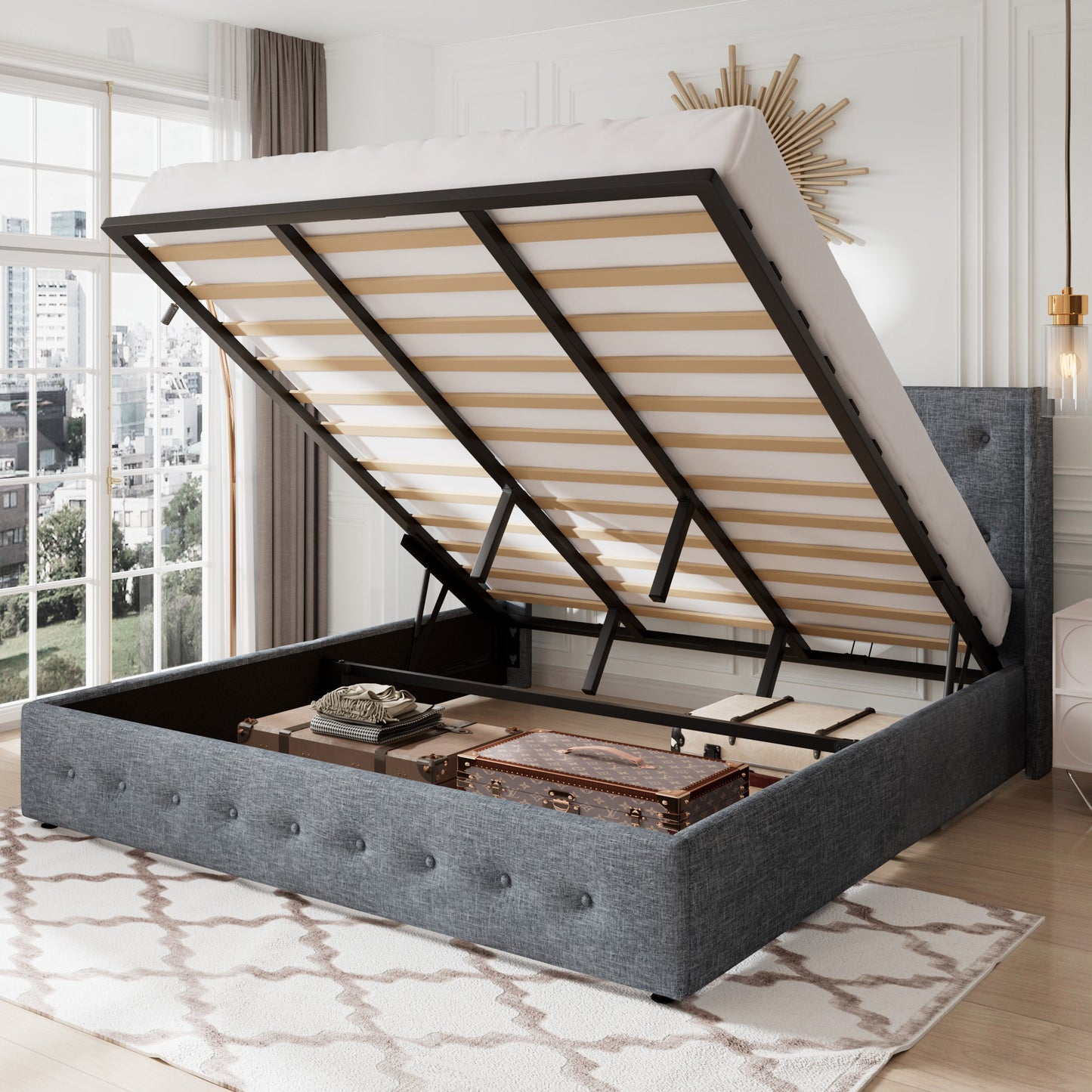 Allewie Lift Up Storage Upholstered Bed with Wingback Headboard