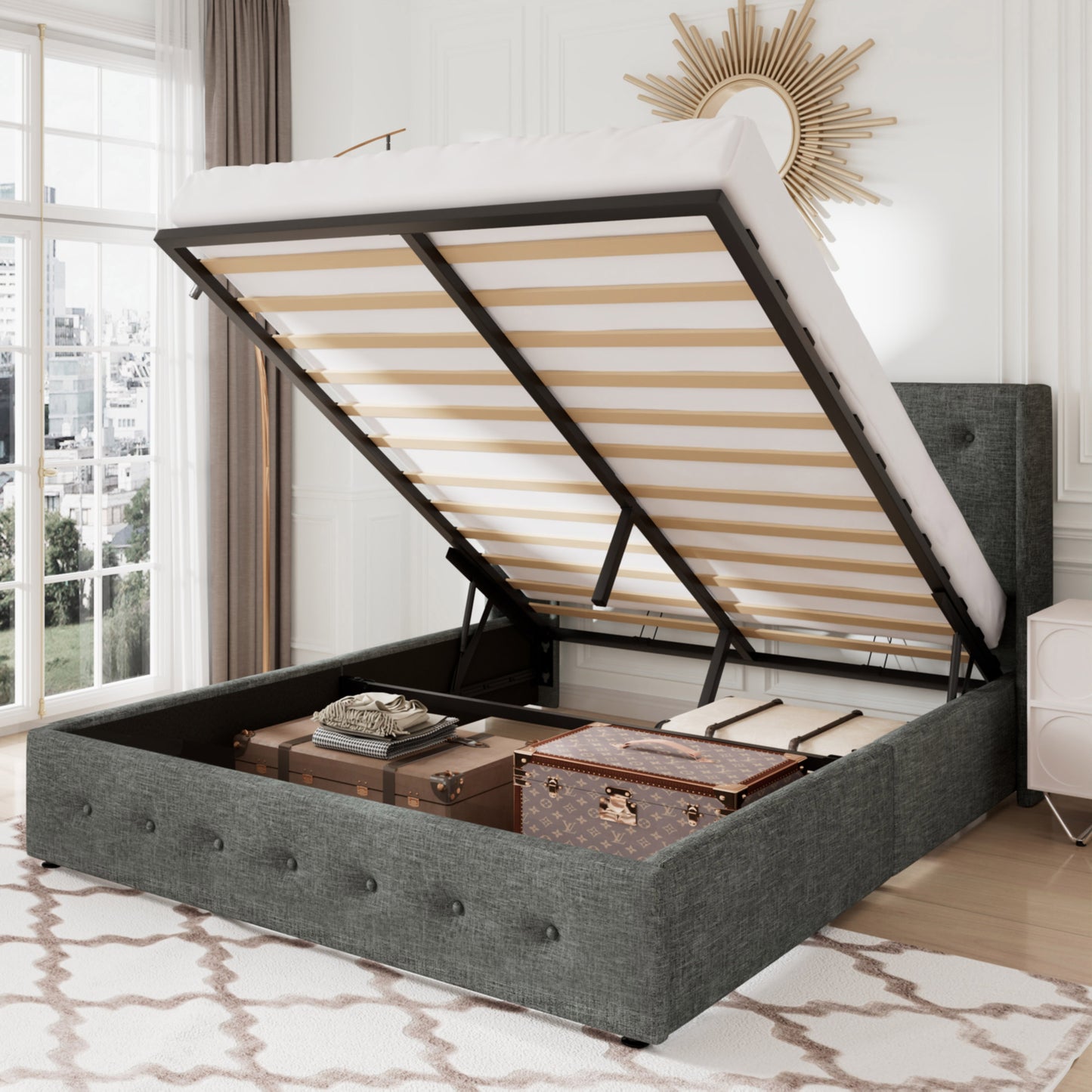 Allewie Lift Up Storage Upholstered Bed with Wingback Headboard