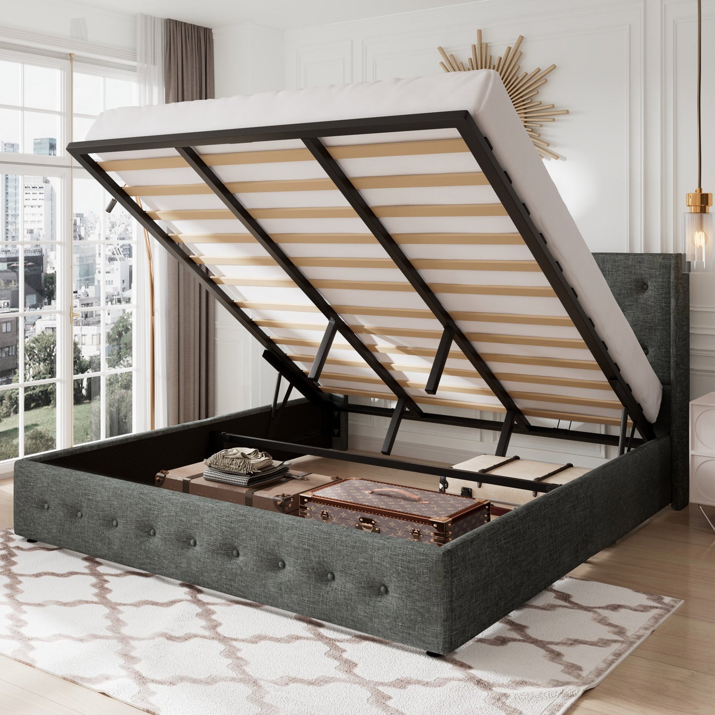 Allewie Lift Up Storage Upholstered Bed with Wingback Headboard