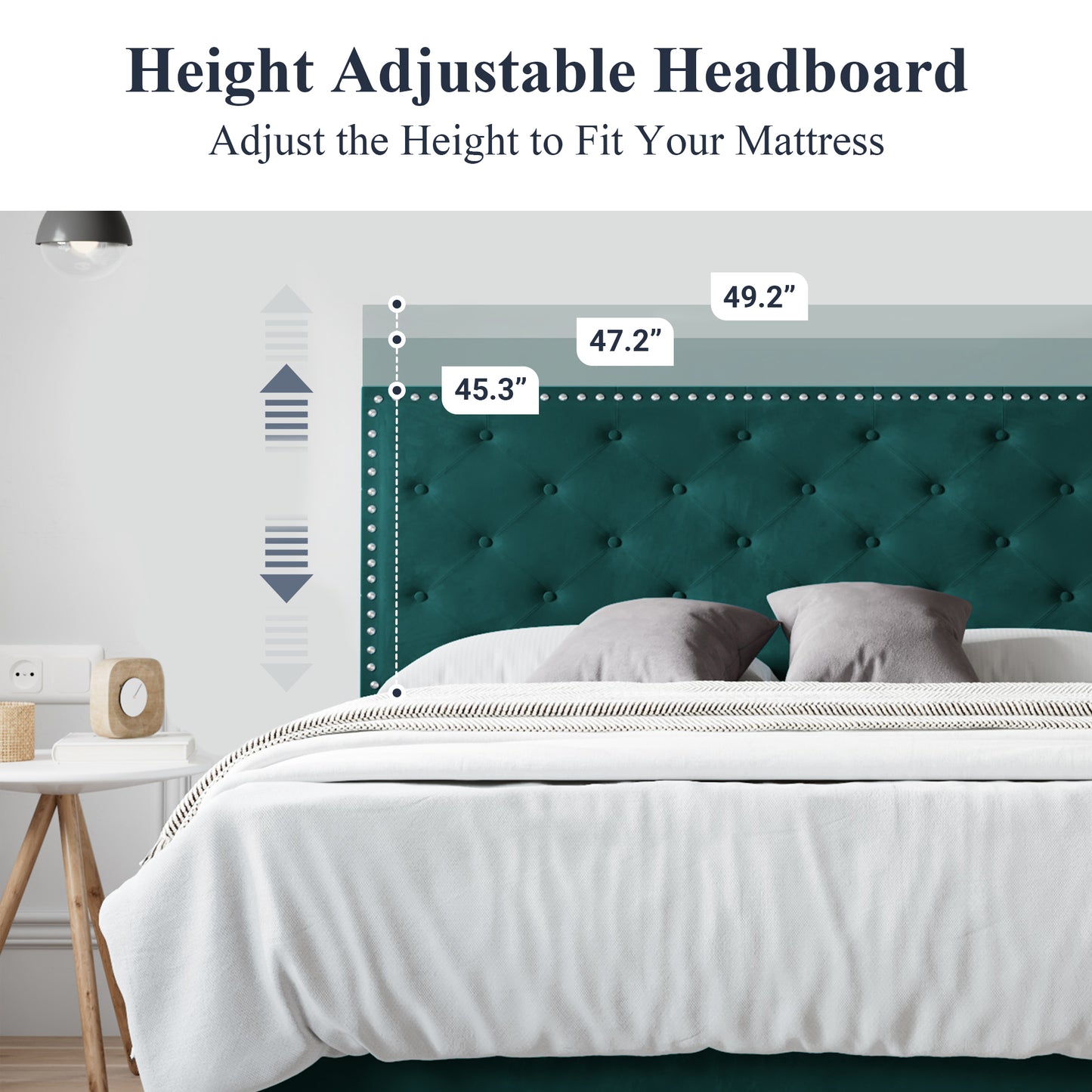 Allewie Bed Frame, Velvet Upholstered Platform Bed with Adjustable Diamond Button Tufted & Nailhead Trim Headboard