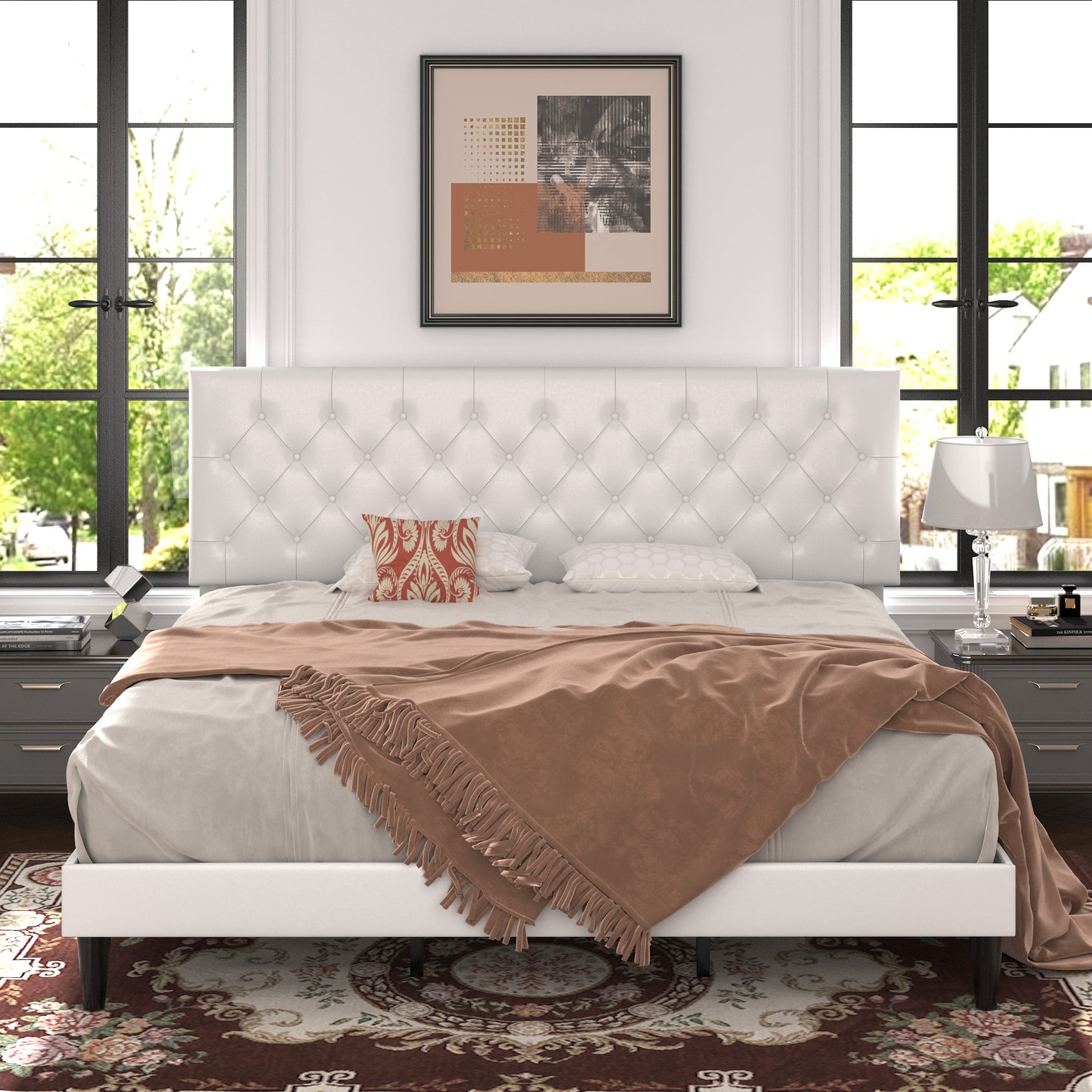 Allewie Faux Leather Upholstered Platform Bed Frame with Adjustable Diamond Stitched Button Tufted Headboard, White