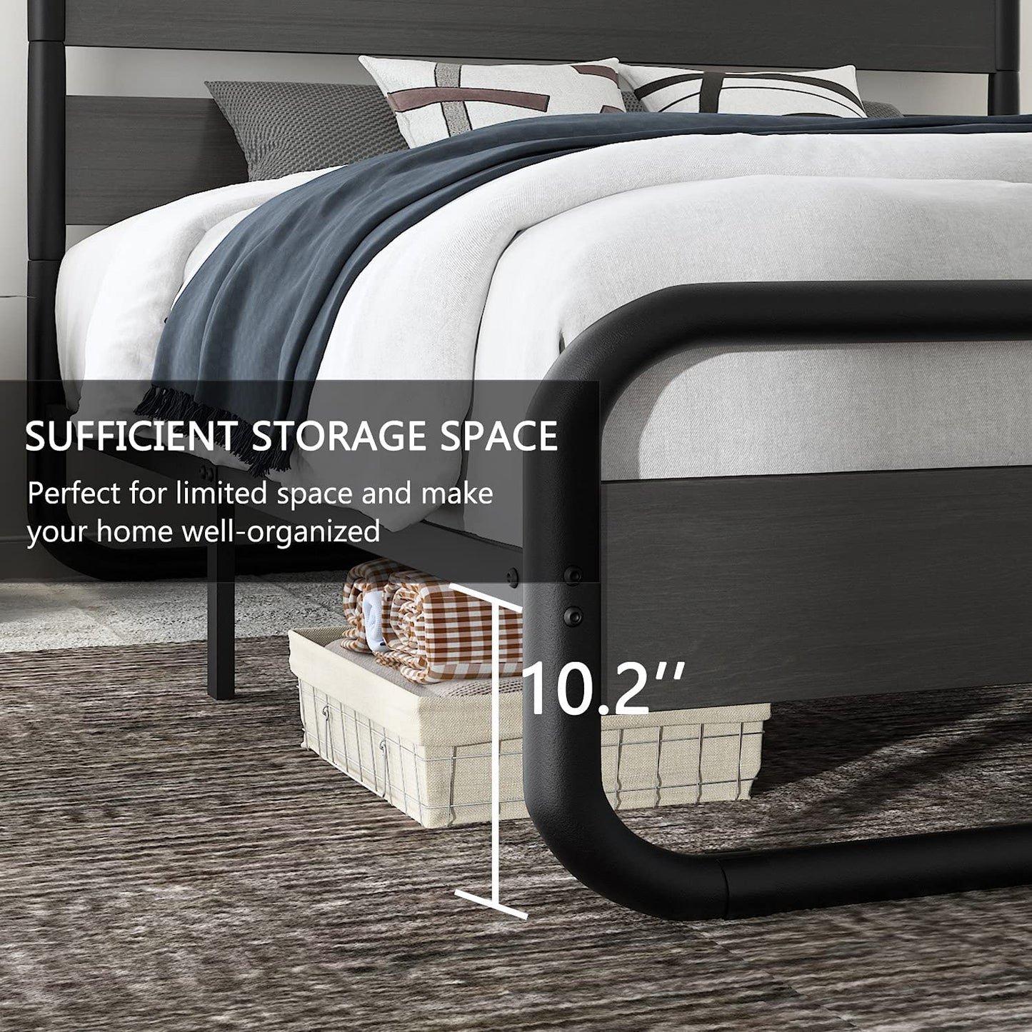 Queen Size Heavy Duty Metal Platform Bed Frame with Headboard Shelf, Black