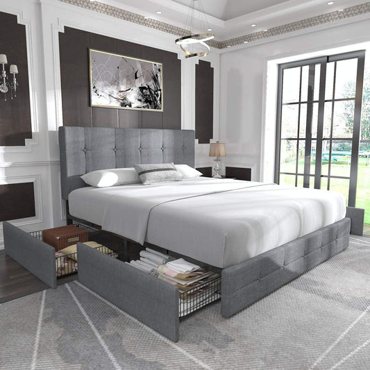 Allewie Queen Size Panel Platform Bed Frame with Adjustable High  Upholstered Headboard, Grey