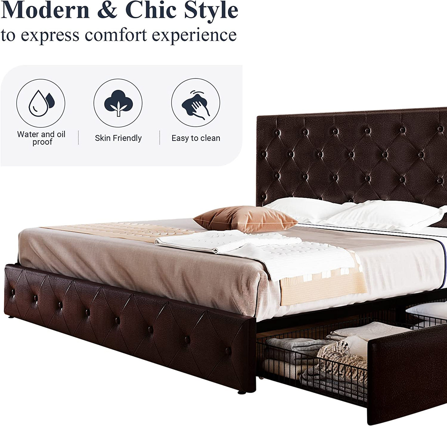 Allewie Platform Bed Frame with 4 Drawers, Diamond Stitched Button Tufted Faux Leather Upholstered