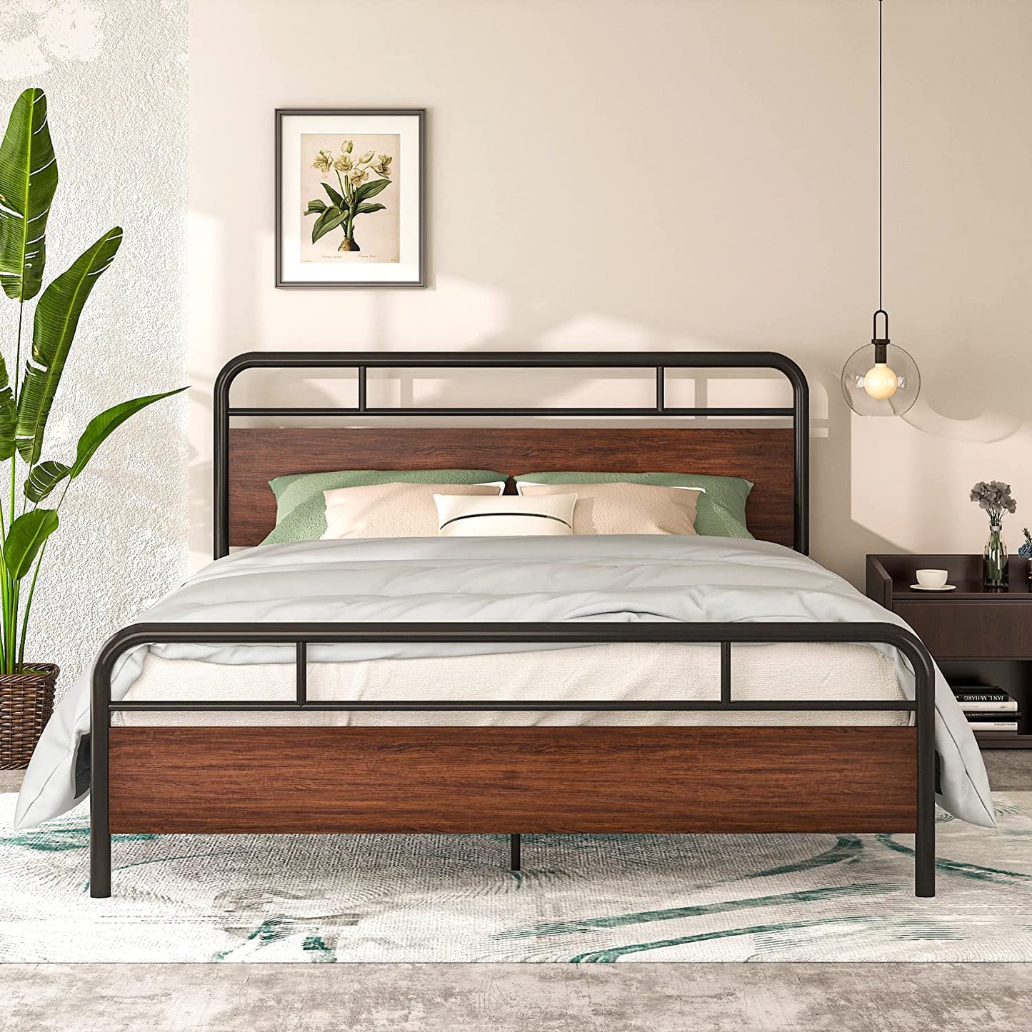Allewie Walnut Metal Platform Bed Frame with Wooden Headboard