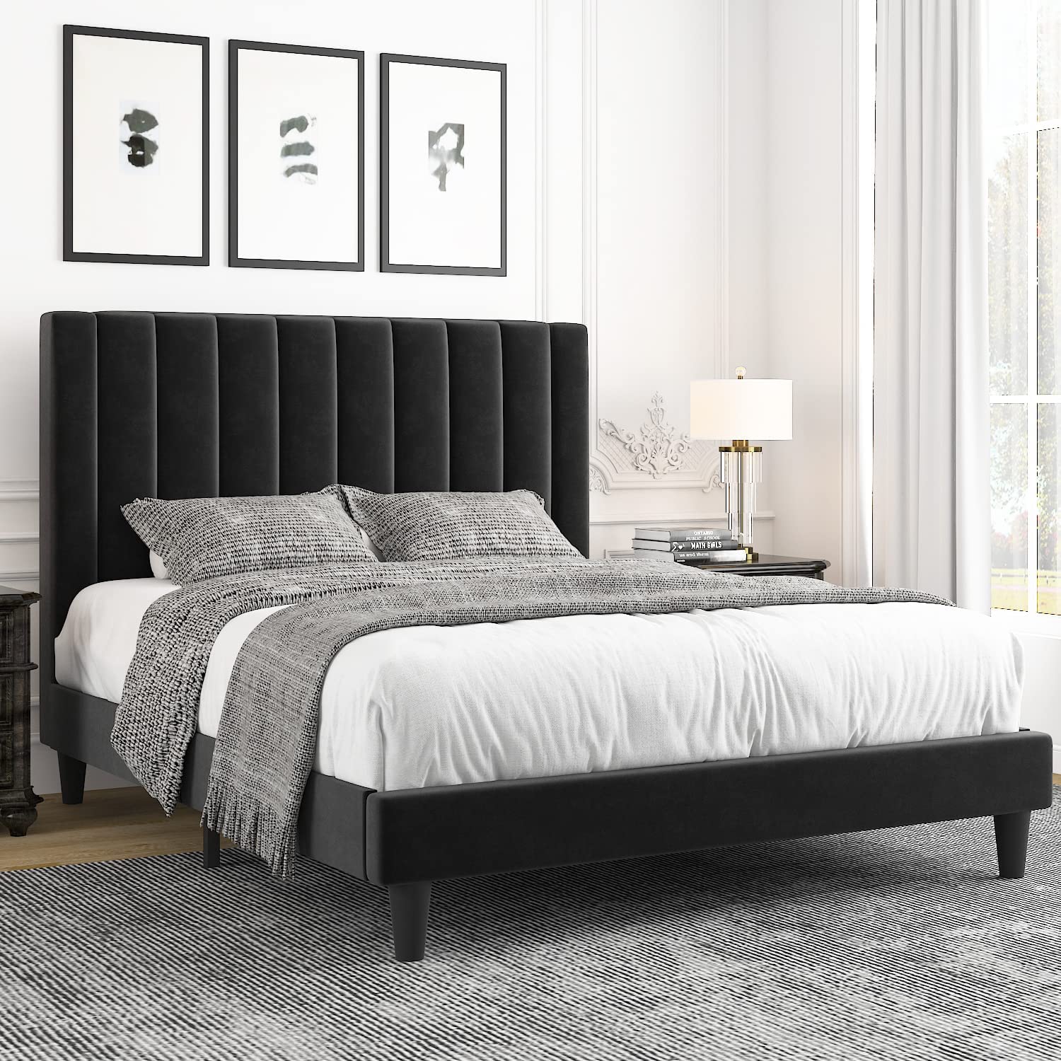 Allewie Velvet Upholstered Bed Frame With Vertical Channel Tufted Head