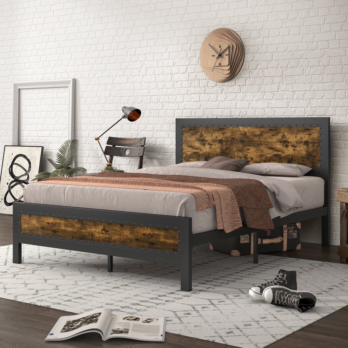 Allewie Brown Metal Platform Bed Frame with Industrial Rivet Headboard and Deep Grey Frame