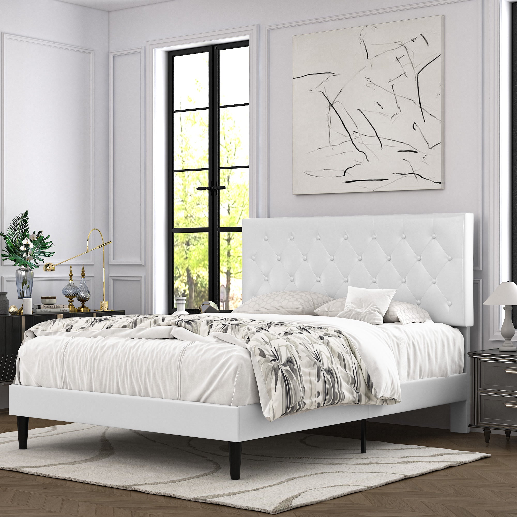 White upholstered online platform bed queen